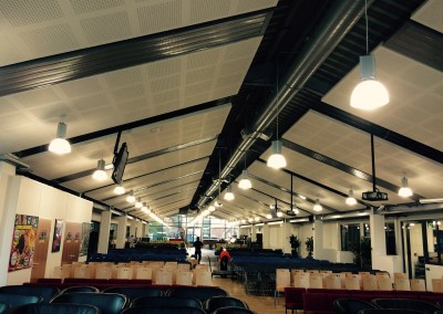 Radiant panels at high level in Solihull College refectory